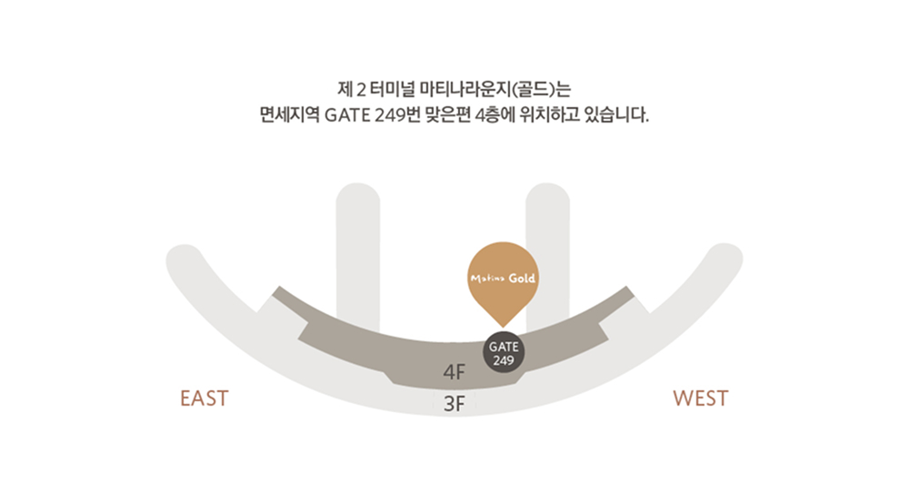 제2터미널 마티나 골드는 면세지역 GATE 250 맞은편 4층에 위치하고 있습니다.